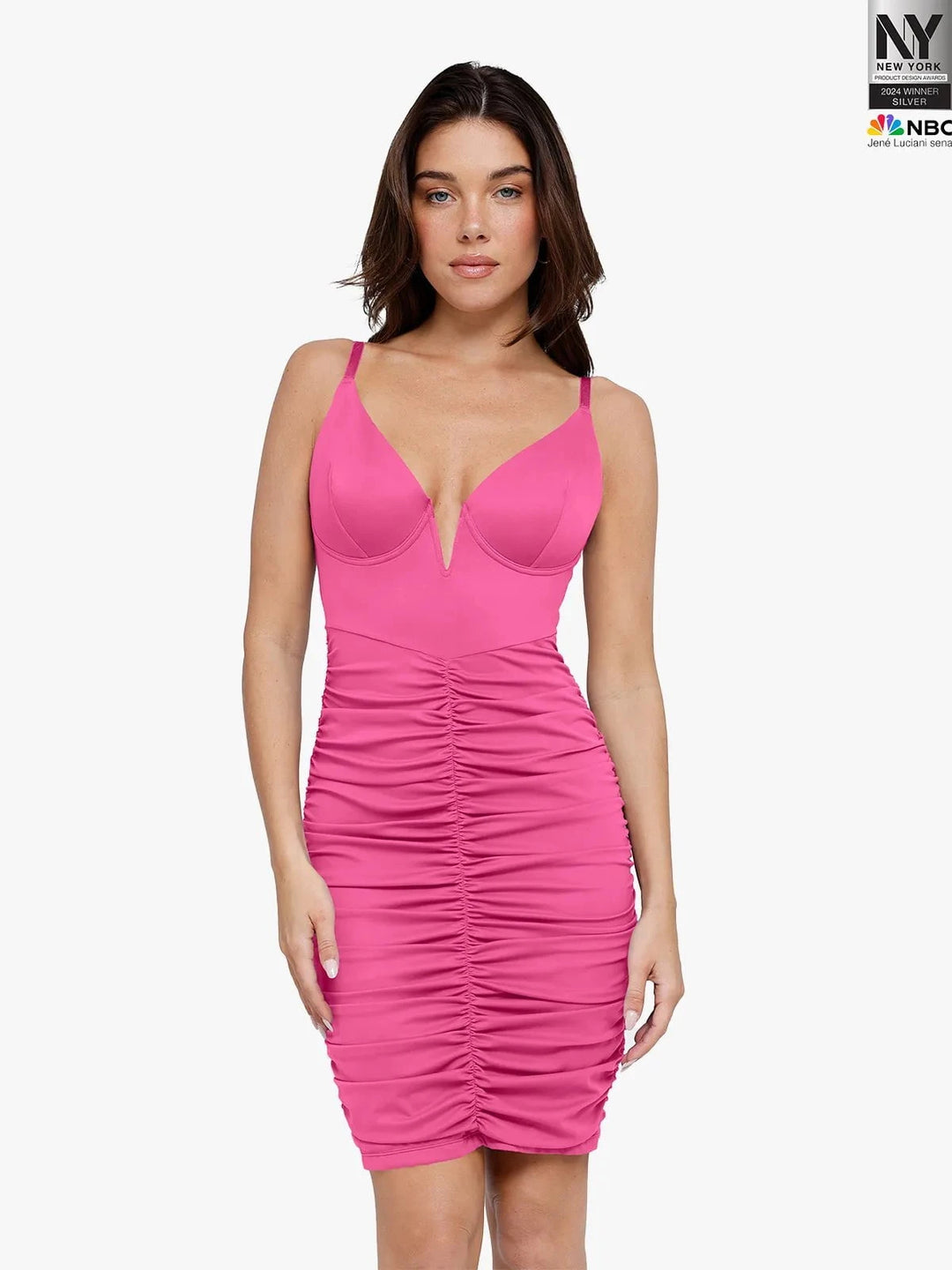 Popilush® Cooling Slip Party Cocktail Evening Summer Dress Pink / XS Bluetag Shapewear Plunging V Ruched Bodycon Mini Dress