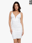 Bluetag white ruched shapewear mini dress with plunging V-neck.