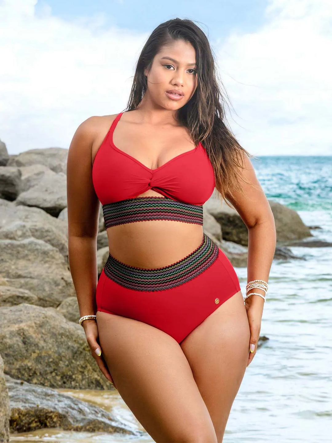 Popilush® Boho Trim High Waist Tummy Control Bikini Set