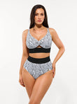 Boho Trim High Waist Tummy Control Bikini Set in snake print with twisted front and black waistband.