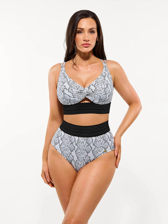 Boho Trim High Waist Tummy Control Bikini Set in snake print with twisted front and black waistband.