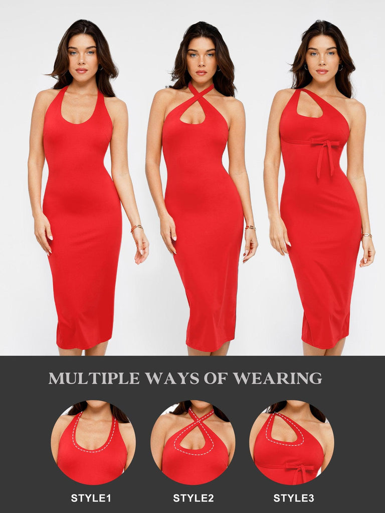 Popilush® Bodycon Summer Dress Low Back Built-In Shapewear Backless Halter Midi Dress
