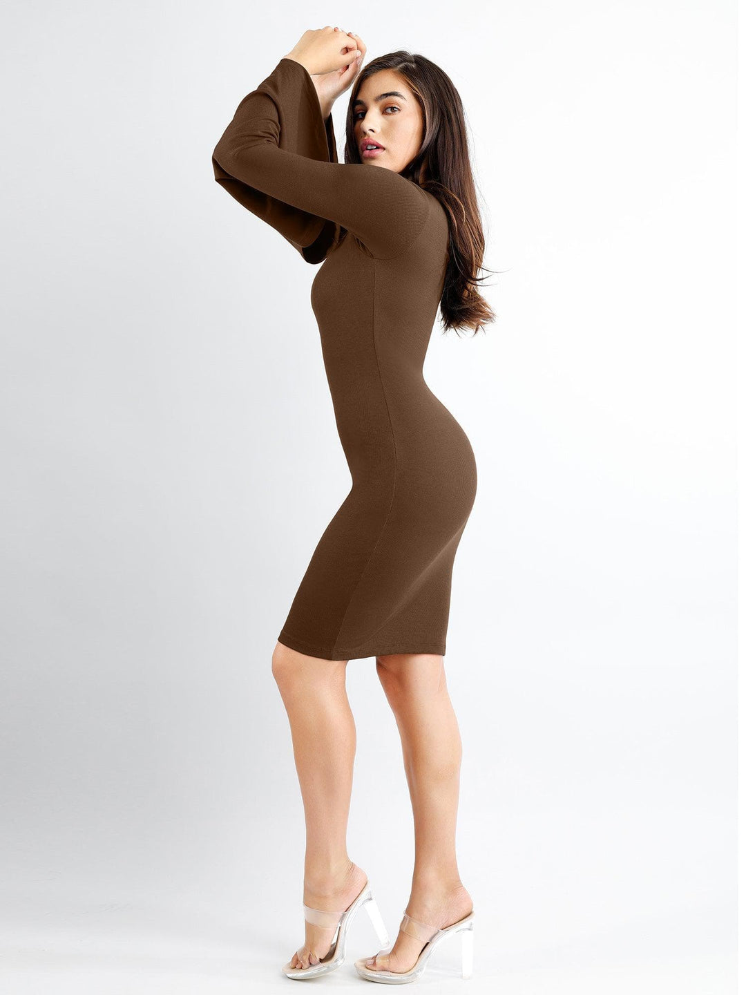bell sleeve brown dress Brown Off-Shoulder Maxi Dress