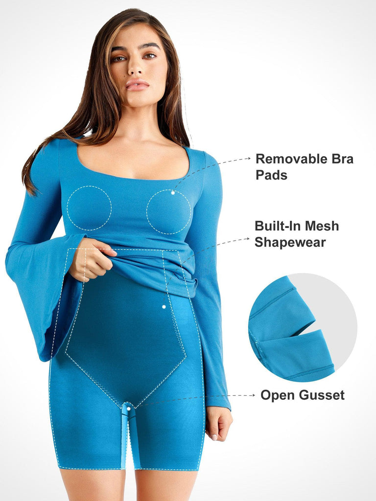 Popilush® Built-In Shapewear Bell Sleeve Square-Neck Midi Dress