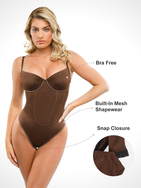 Popilush® corset thong bodysuit in brown. Built-in shapewear & snap closure.