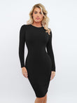 Popilush black modal long sleeve crew neck midi dress with built-in shapewear