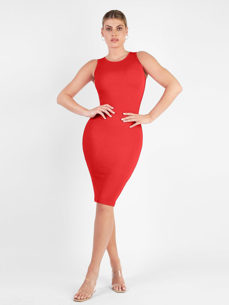 Popilush® Bodycon Summer Dress Red / XS Built-In Shapewear Crew Neck Sleeveless Midi Lounge Dress