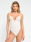 White lace plunging V-neck bodysuit by Popilush®, shaping and sexy