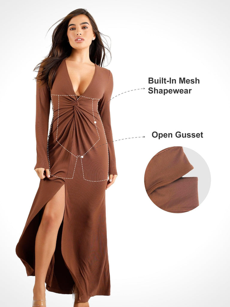 Popilush® Long Sleeve Party Dress Built-In Shapewear Deep V-Neck Twist Split Maxi Dress