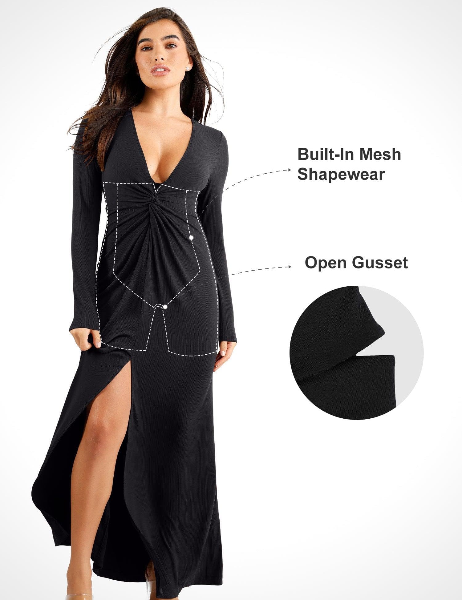 Popilush® Long Sleeve Party Dress Built-In Shapewear Deep V-Neck Twist Split Maxi Dress