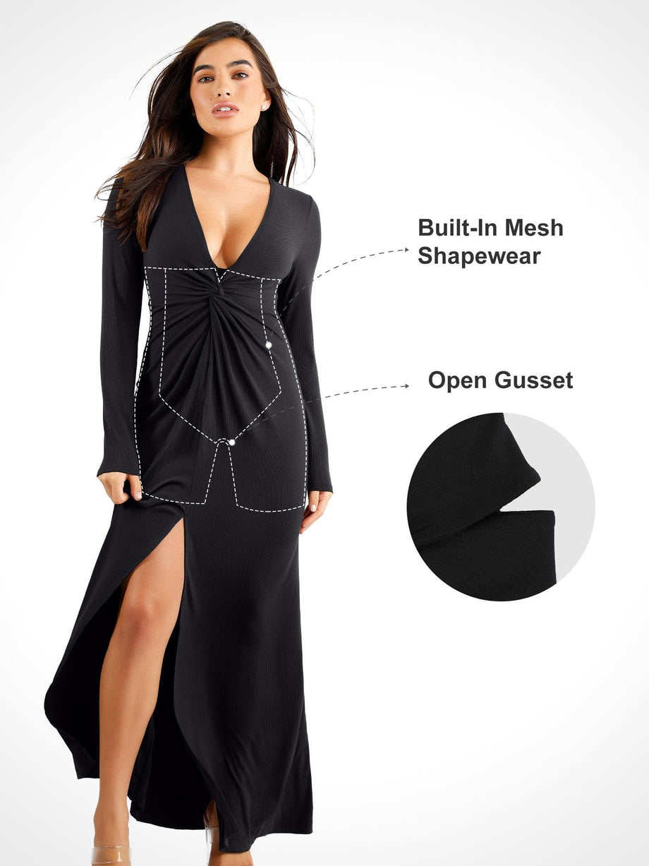Popilush Built-In Shapewear Deep V-Neck Twist Split Maxi Dress Size L