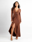 Brown shapewear maxi dress with deep V-neck, twist front, and thigh slit.