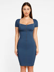 Blue denim shapewear dress by Popilush®, bodycon with zipper