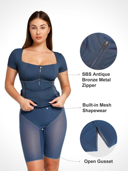 Vestido midi de mezclilla con escote cuadrado y control de abdomen