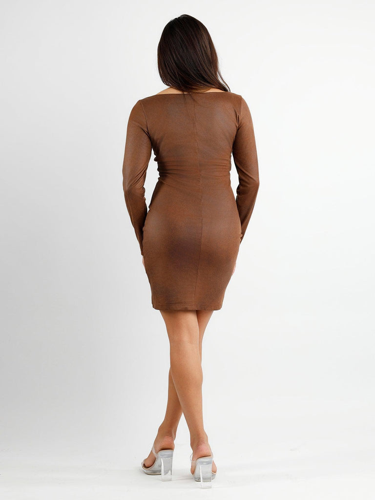 Popilush® Built-In Shapewear Faux-Suede Long Sleeve Midi Dress
