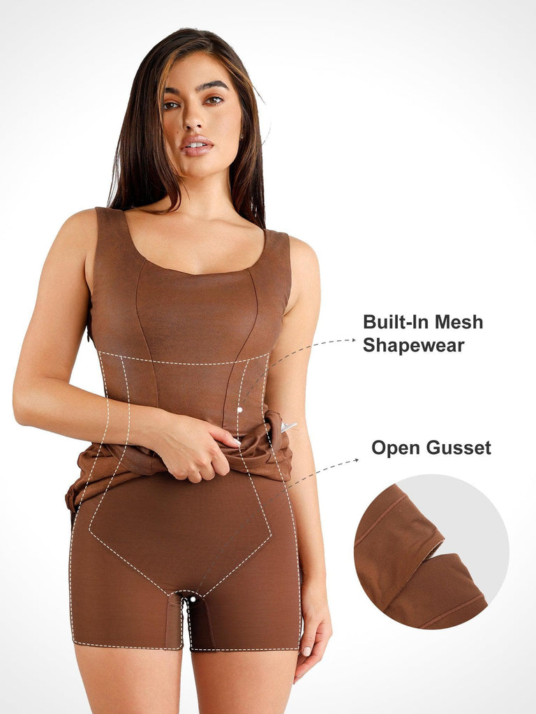 Popilush® Bodycon Summer Dress Tummy Control Built-In Shapewear Faux-Suede Square Crew Neck Midi Dress