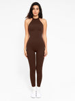 Brown Popilush® halter jumpsuit, built-in shapewear for women. This one-piece is stylish and comfortable