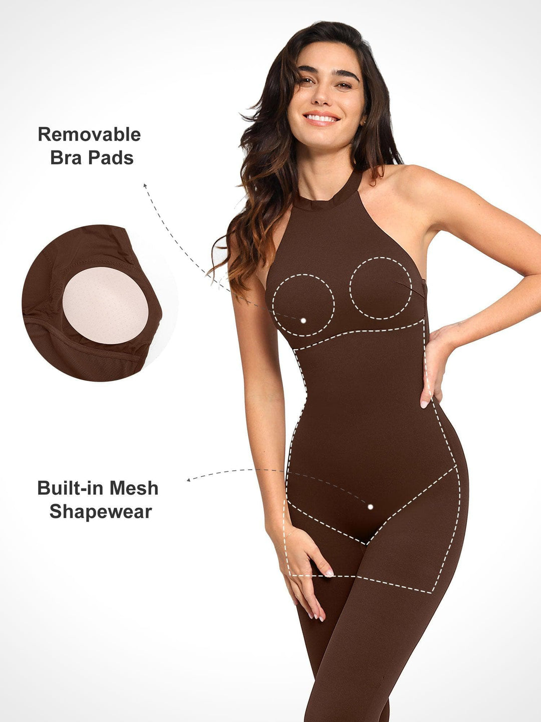 Woman in Popilush® shapewear jumpsuit, features: mesh and bra pads