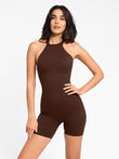 Brown Popilush sculpting halter romper with built-in shapewear and shorts.