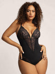 Popilush® black lace bodysuit, with deep V-neck and shaping