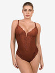 Elegant brown lace bodysuit from Popilush®, featuring a deep V-neck