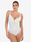 Popilush® white lace bodysuit with V-neck, adjustable straps for a flattering fit.