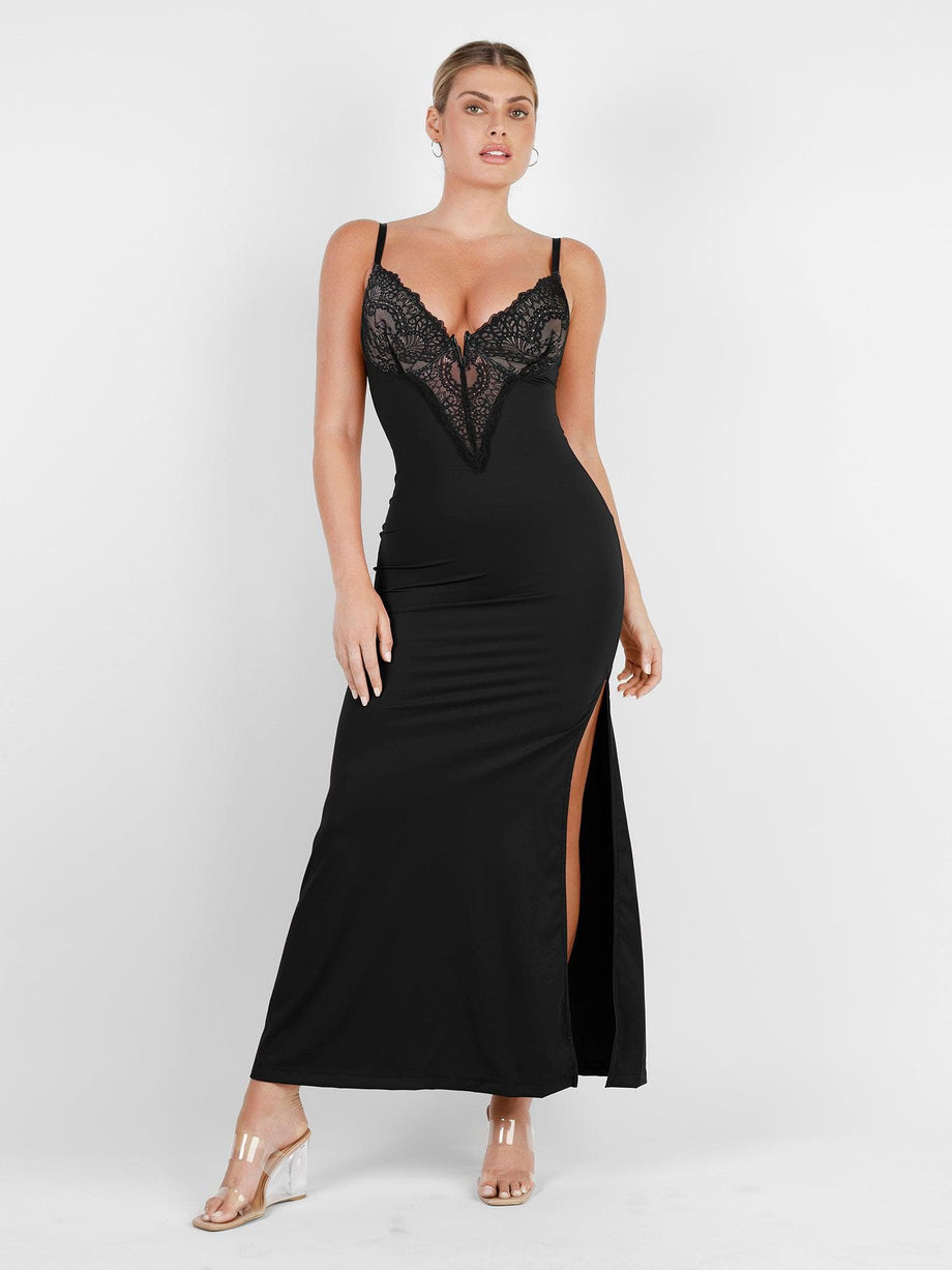 Black V Neck Slip Dress With Lace Detail | SilkFred US