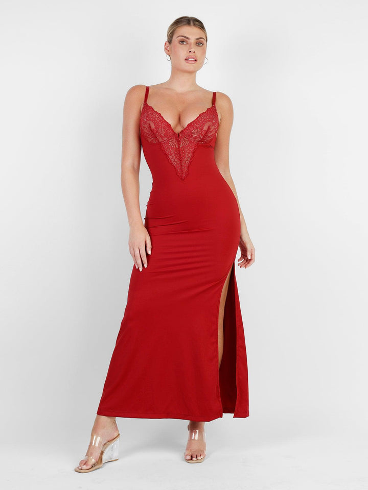 Built-In Shapewear Sexy Lace Slip Split Maxi Dress