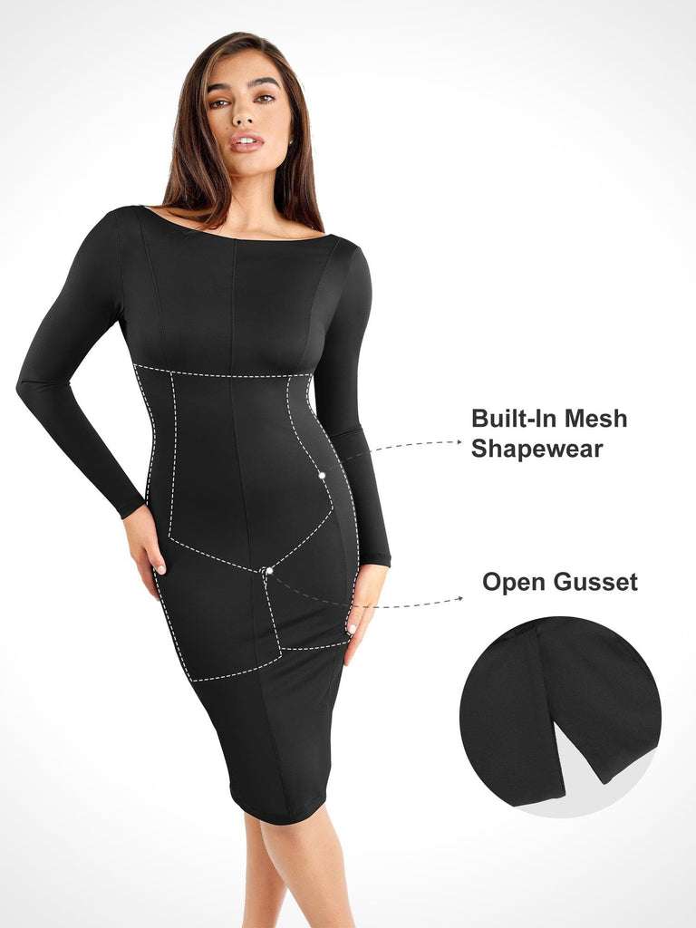 Popilush® Formal Bodycon Party Winter Dress Built-In Shapewear Long Sleeve Crew Neck Backless Midi Dress