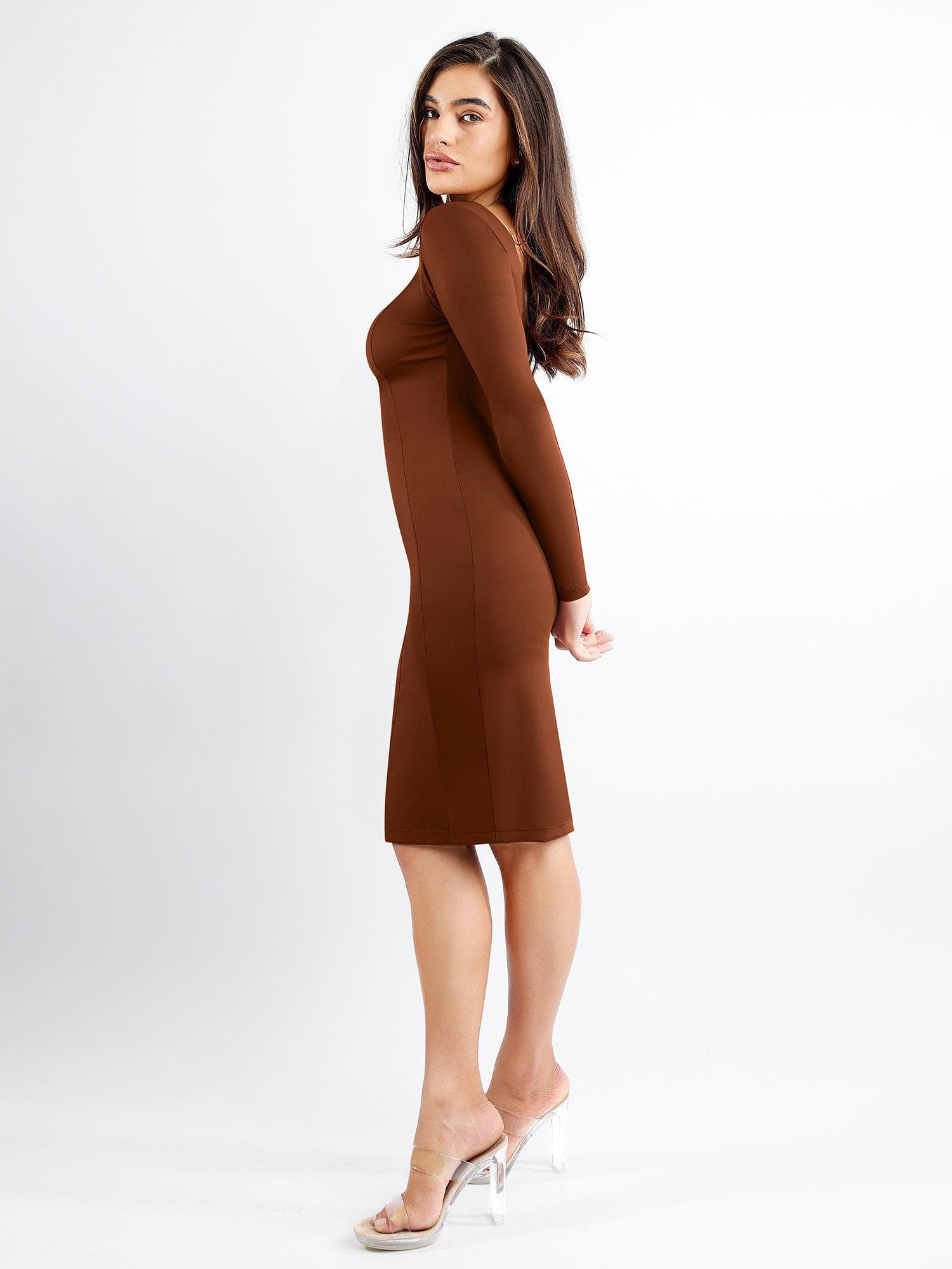 The Shapewear Dress Long Sleeve Crew Neck Backless Midi – Popilush®