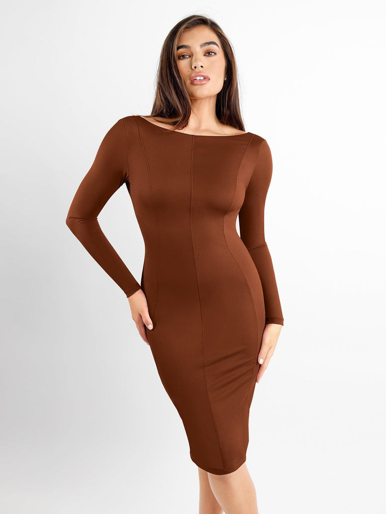 Popilush® Formal Bodycon Party Winter Dress Brown / S Built-In Shapewear Long Sleeve Crew Neck Backless Midi Dress
