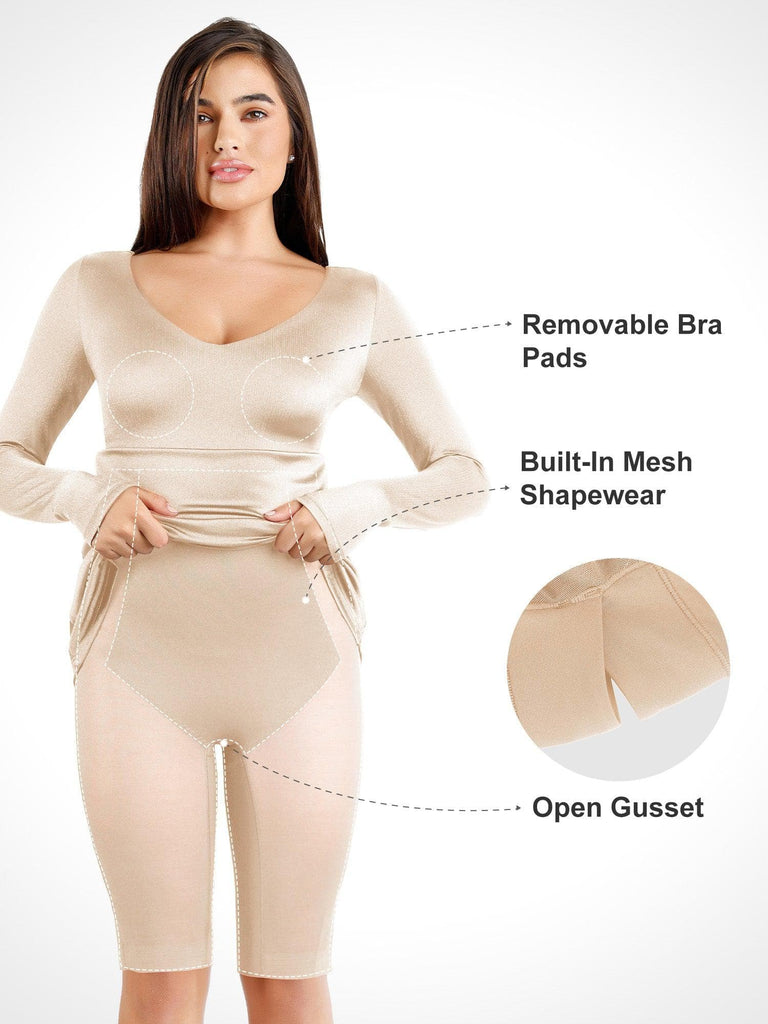 Popilush® Built-In Shapewear V-Neck Long Sleeve Shine Maxi Dress