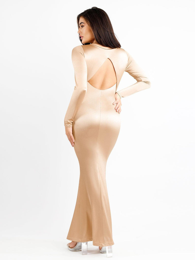 Popilush® Formal Bodycon Party Winter Dress Built-In Shapewear Long Sleeve Cut-Out Back Shine Maxi Dress