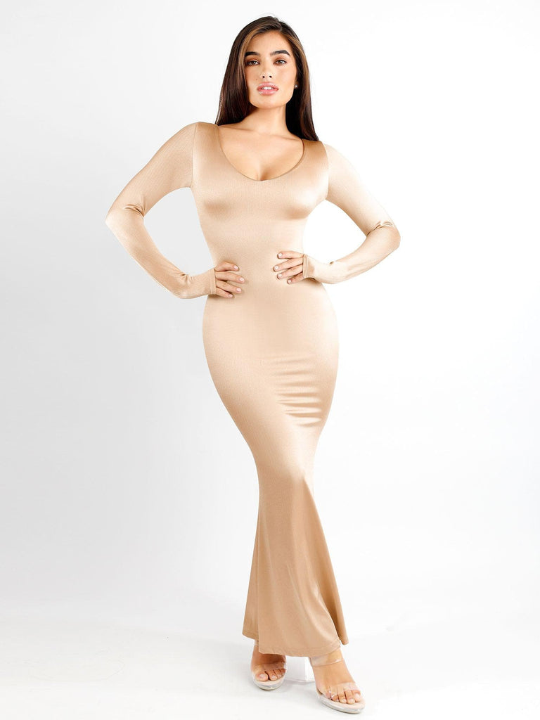 Popilush® Formal Bodycon Party Winter Dress Built-In Shapewear Long Sleeve Cut-Out Back Shine Maxi Dress