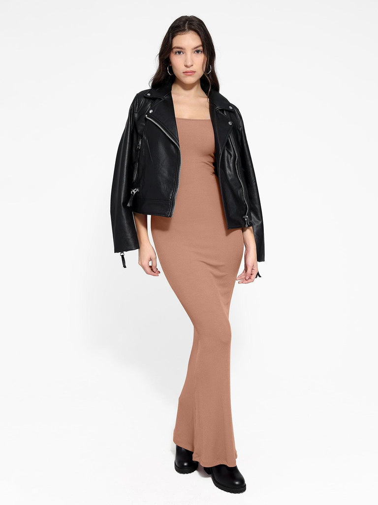 Popilush® Square Neck Bodycon Maxi Long Dress Built-In Shapewear Long Sleeve Maxi Lounge Dress