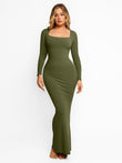 Popilush® olive green long sleeve maxi dress, square neck.