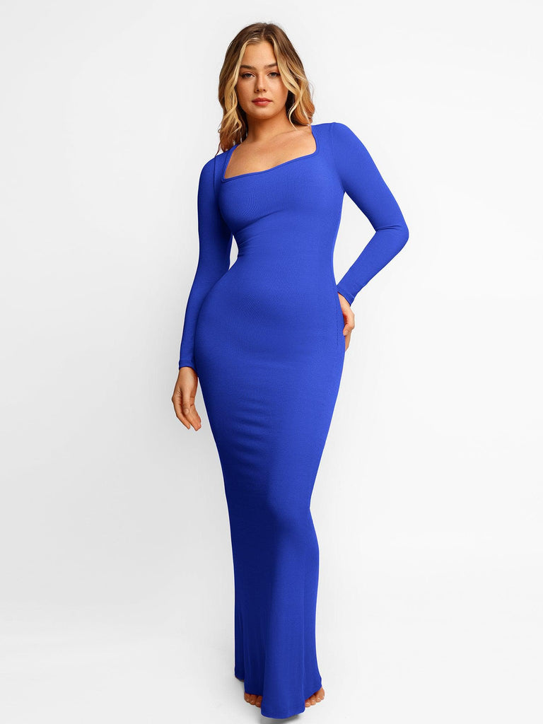 Popilush® Square Neck Bodycon Maxi Long Dress Blue / XS Built-In Shapewear Long Sleeve Maxi Lounge Dress