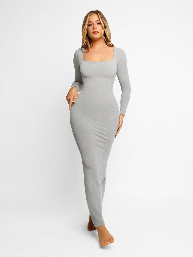Popilush Square Neck Bodycon Maxi Long Dress Grey / S Built-in Shaper Modal Long Sleeve Lounge Dress