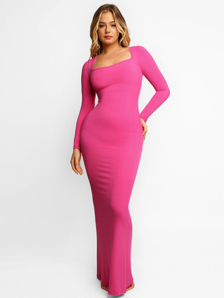 Popilush Square Neck Bodycon Maxi Long Dress Pink / S Built-in Shaper Modal Long Sleeve Lounge Dress
