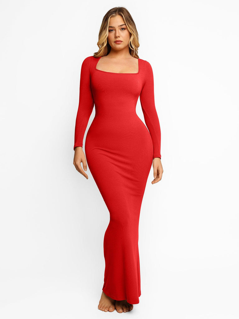 Popilush Square Neck Bodycon Maxi Long Dress Red / S Built-in Shaper Modal Long Sleeve Lounge Dress