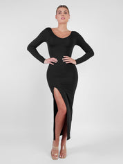 Popilush® V-neck Maxi Dress / Black / S Built-In Shapewear Long Sleeve Split Dresses