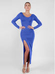 Popilush® V-neck Maxi Dress / Blue / S Built-In Shapewear Long Sleeve Split Dresses