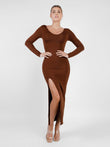 Popilush® dress. Stylish brown split dress for ultimate comfort and confidence.