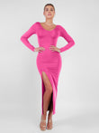 Popilush® V-neck Maxi Dress / Pink / S Built-In Shapewear Long Sleeve Split Dresses