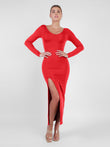 Popilush®'s red long sleeve split dress, perfect for weddings and events, stylishly designed