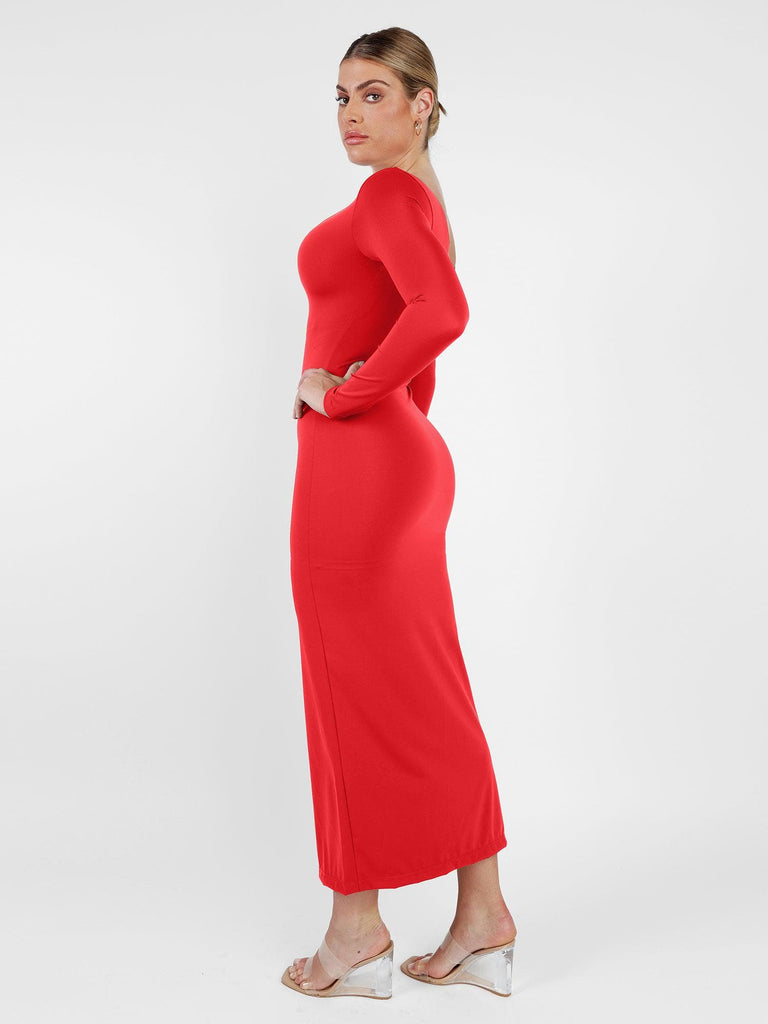 Popilush® Built-In Shapewear Long Sleeve V-neck Split Maxi Dress