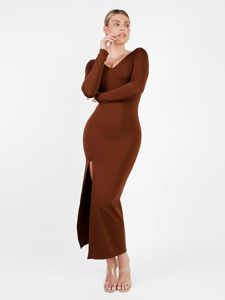 Popilush® Brown / S Built-In Shapewear Long Sleeve V-neck Split Maxi Dress