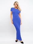 Blue modal short sleeve mock neck slimming maxi dress with built-in shapewear.