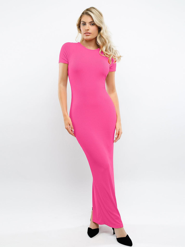 Popilush® Pink / XS Built-In Shapewear Mock Neck Modal Short Sleeve Maxi Dress