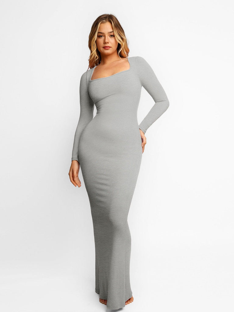Popilush Bodycon Dress Long Sleeve Maxi Dress / Grey / S Built-in Shapewear Modal Sculpting Dresses